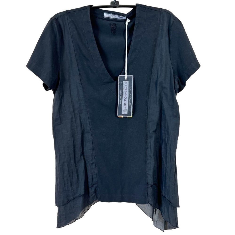 European Culture Black V-Neck Tunic Blouse